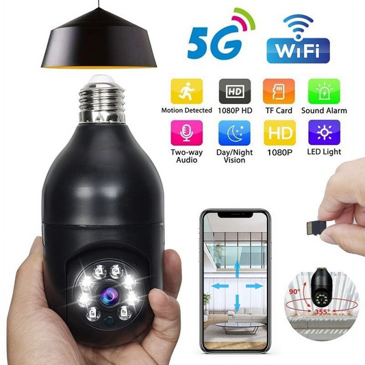 5G WiFi Surveillance Camera, E27 Light Bulb, Waterproof IP65, Black