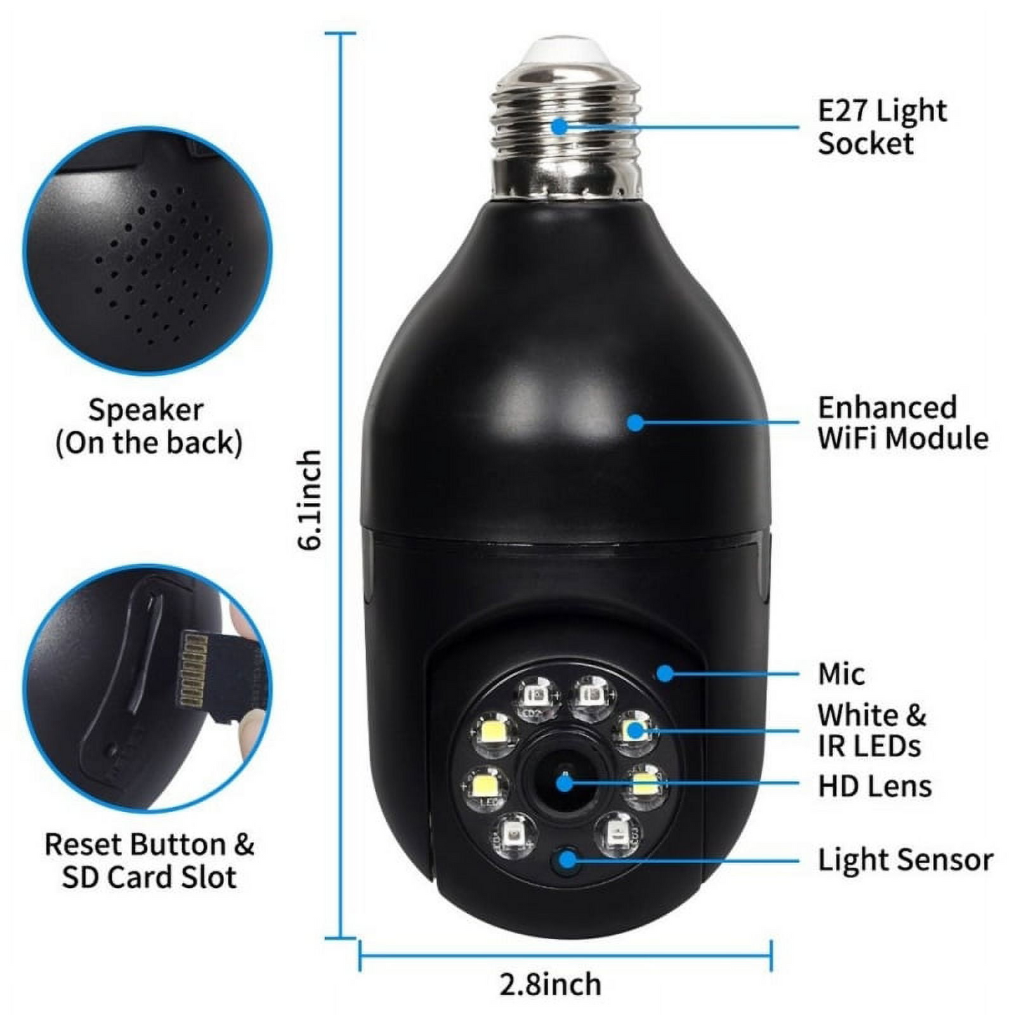 5G WiFi Surveillance Camera, E27 Light Bulb, Waterproof IP65, Black